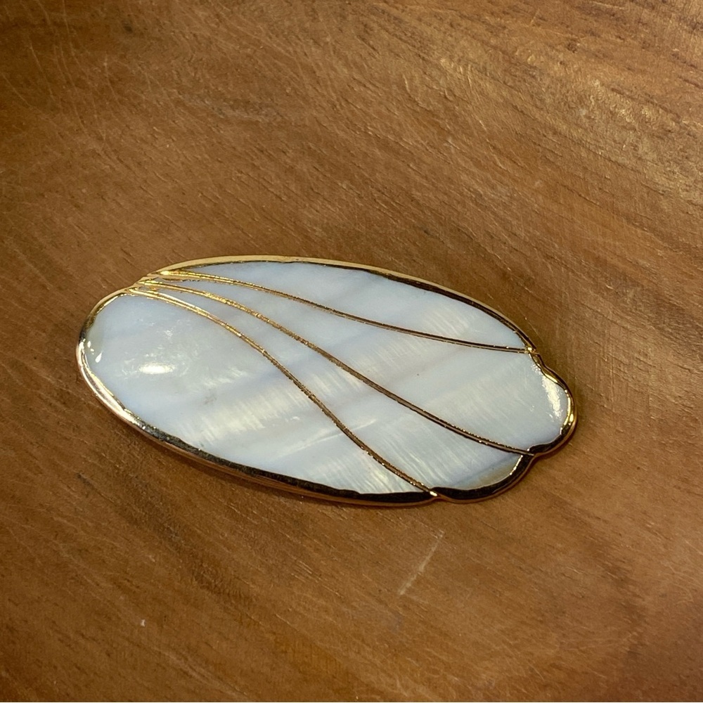 Handmade Iridescent White Mother of Pearl Abalone Shell & Gold Trim Brooch Pin